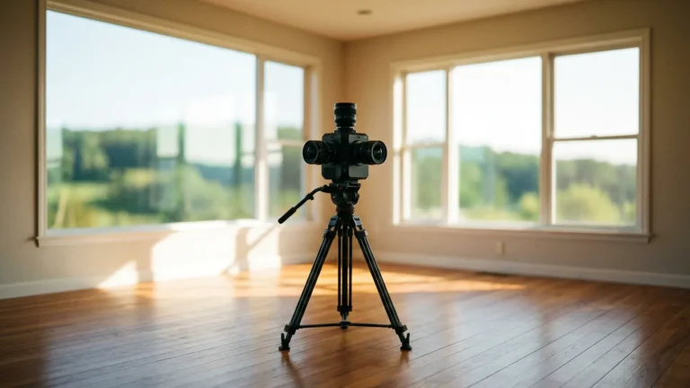 360-gradencamera op statief in een lege, lichte woonkamer
