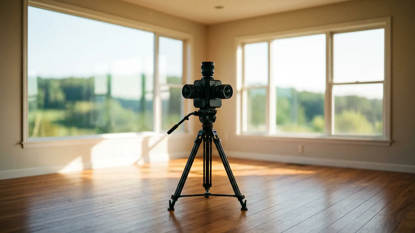 360-gradencamera op statief in een lege, lichte woonkamer