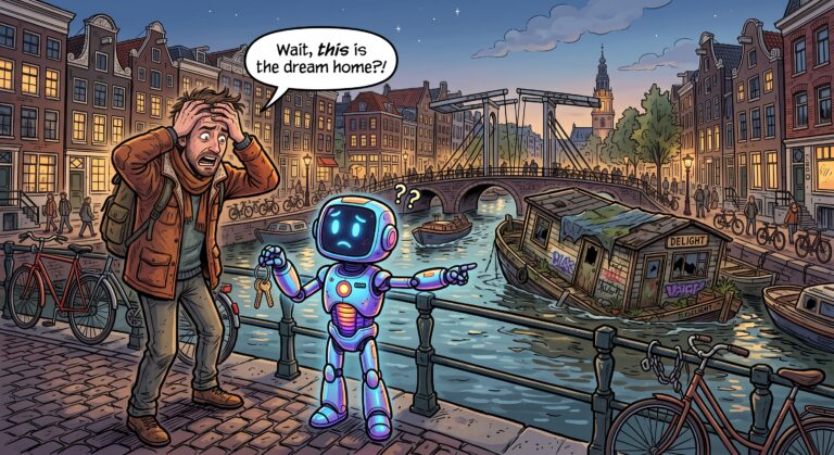 Cartoon van een verbaasde AI-robot die de sleutels overhandigt van een vervallen woonboot aan een teleurgestelde koper in Amsterdam