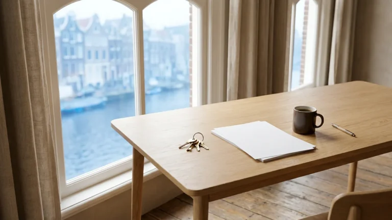 Houten bureau bij een raam aan de gracht, met een sleutelbos, een stapel papieren, een pen en een kop koffie