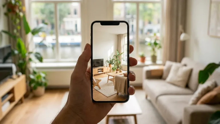 Hand met een telefoon waarop een foto van een lichte woonkamer staat