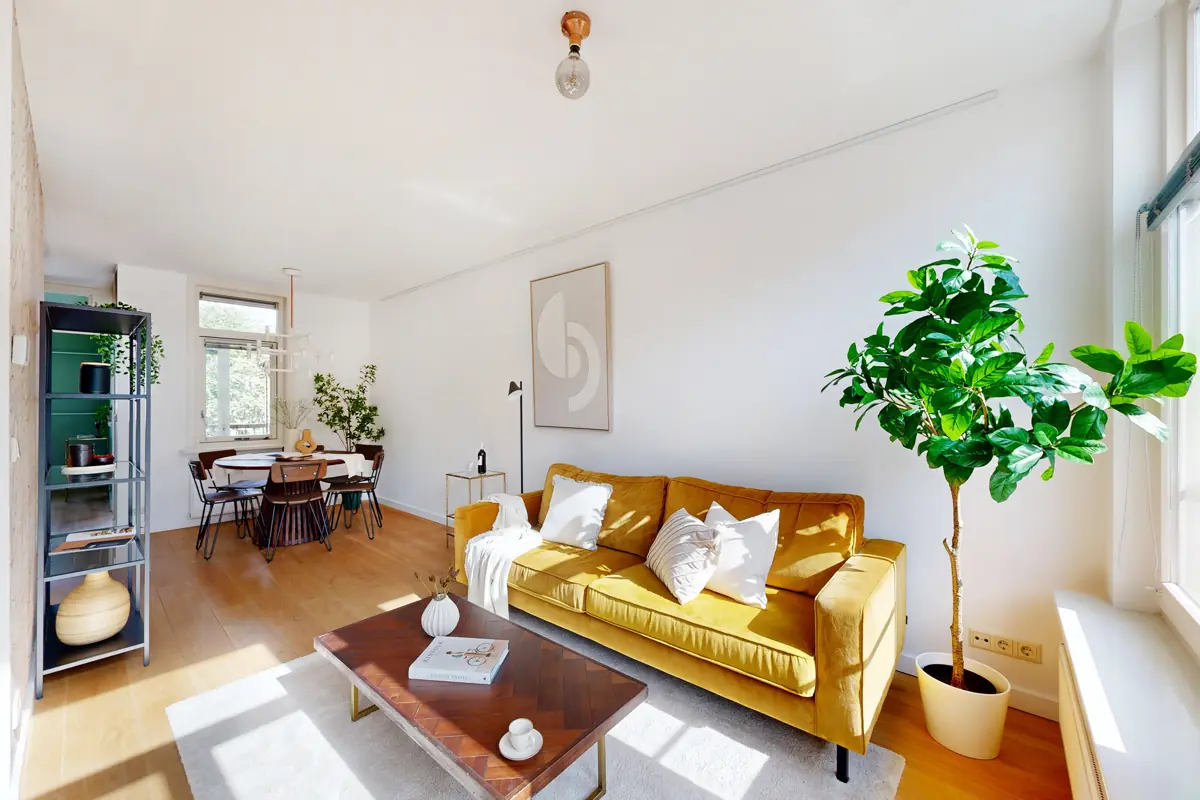 Bright Amsterdam living room with a yellow sofa and plants
