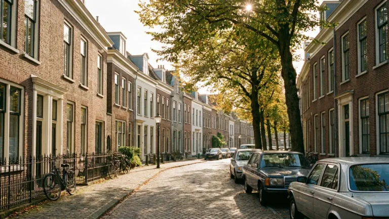 Woonstraat met bakstenen huizen, bomen en geparkeerde auto's