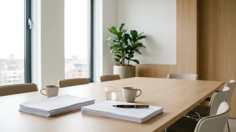 Tafel bij de notaris met akten, een vulpen en koffie in daglicht