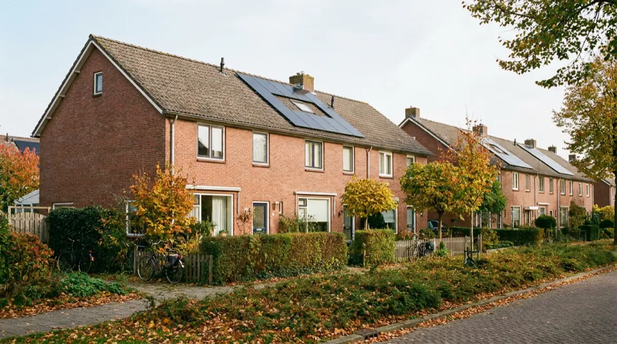 Rij bakstenen rijtjeshuizen met zonnepanelen op het dak en voortuinen in de herfst