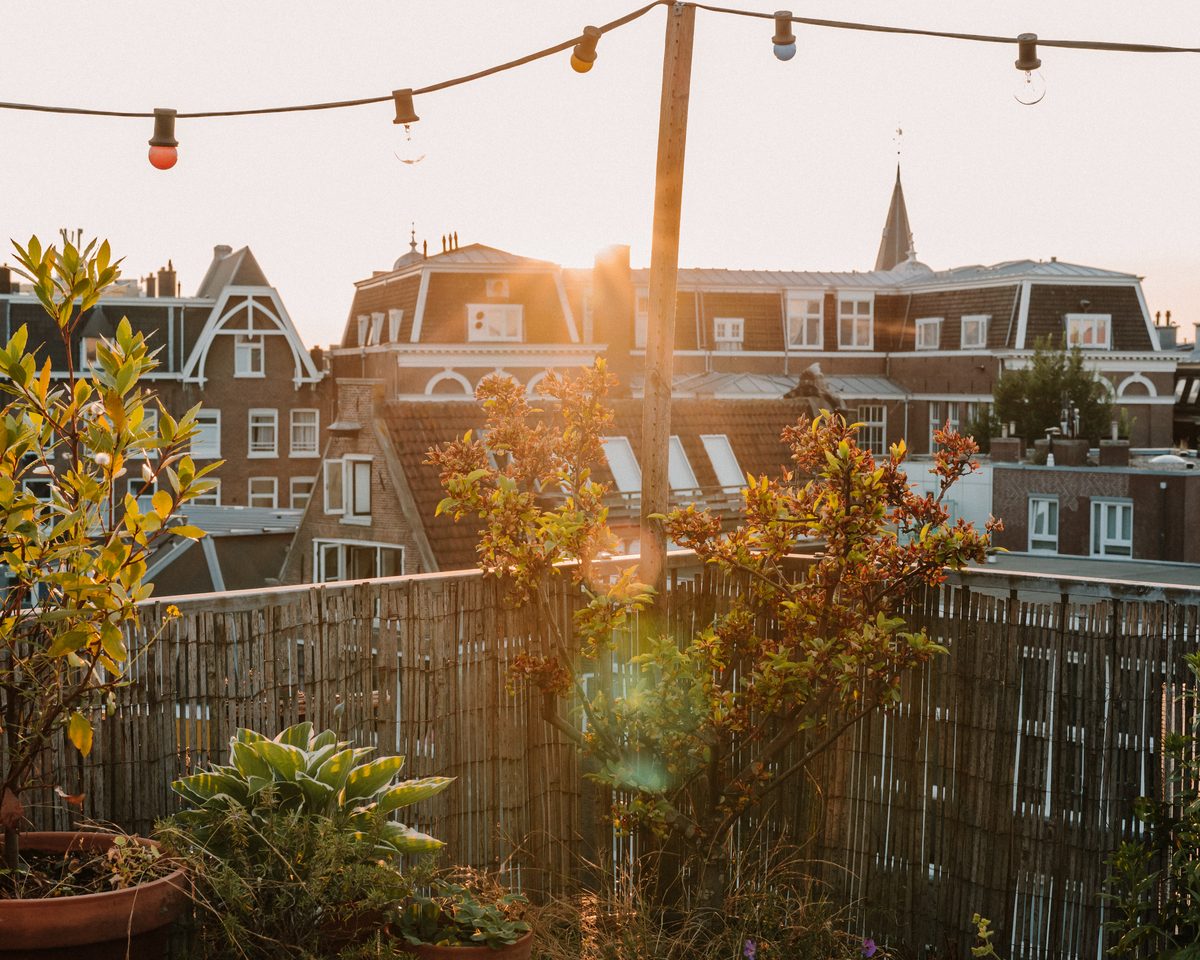 Dakterras met lichtslinger en uitzicht over de Amsterdamse daken bij zonsondergang