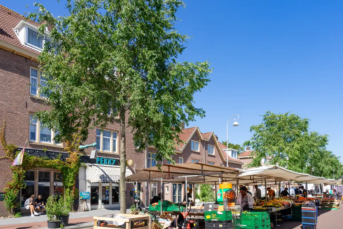 Markt in de Van der Pekstraat in Amsterdam-Noord met kramen onder de bomen