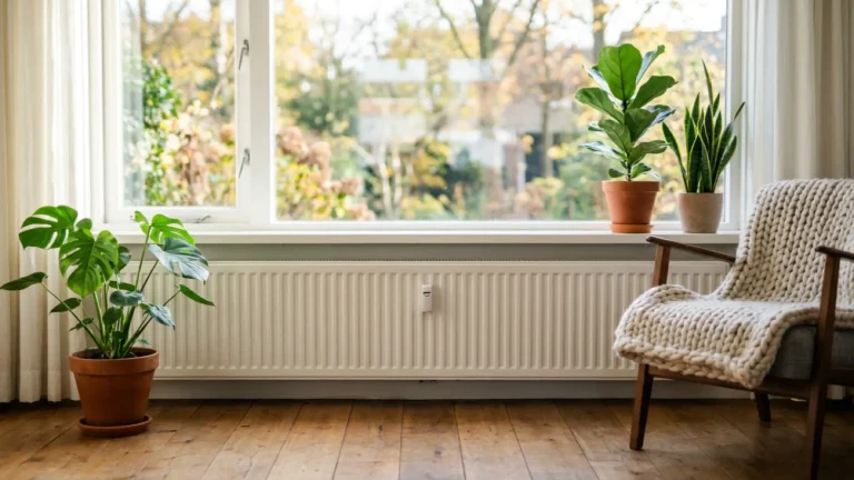 Lichte woonkamer met een witte radiator onder een groot raam, planten en een stoel met een wollen plaid